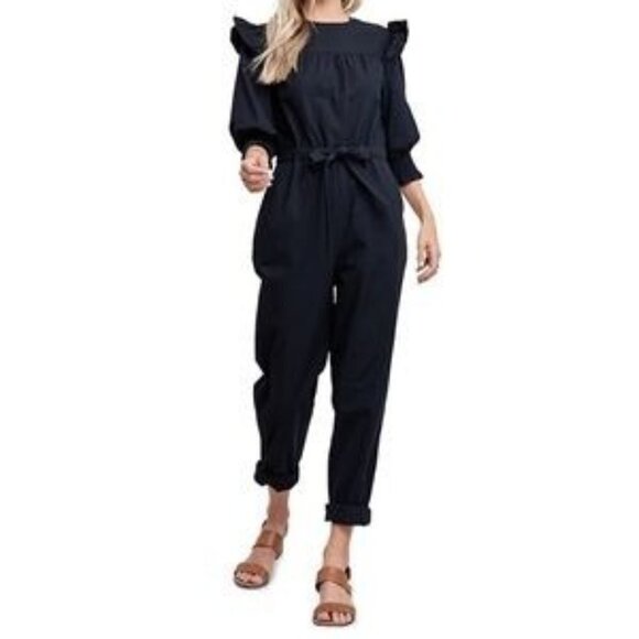 En Saison Jumpsuit Womens Size Small S Poplin Ruffled Zipper Drawstring Black - Picture 3 of 12